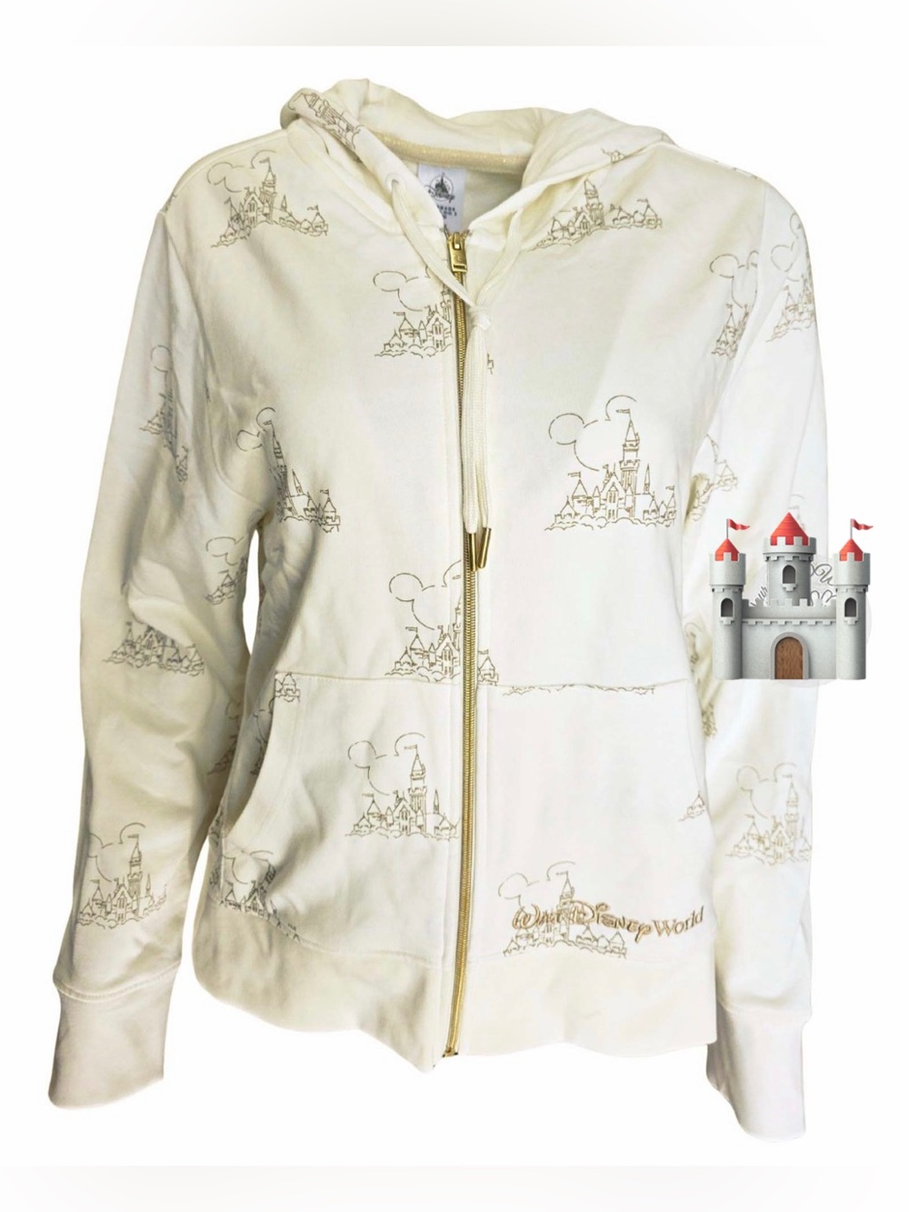 NEW DISNEY CREAM & GOLD FULL ZIP UP JACKET HOODIE ALL OVER CASTLE THEME XS